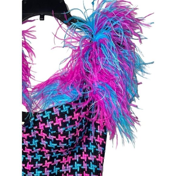 AREA Feather Strap Mini Dress in Fuchsia & Aqua 2 New womens Tweed Cocktail - Picture 6 of 17